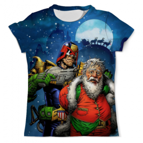 full_print_tee с принтом Judge Dredd Vs Father Xmas в Белгороде, Футболка с нанесением полноцветного изображения по всей поверхности может быть выполнена в двух вариантах - ХЛОПОК и СИНТЕТИКА. | Хлопок - ткань из 100% хлопка высшего качества пенье.  <br>Синтетика - ткань с высоким содержанием синтетического волокна (до 80%).  Материал хорошо тянется, имеет приятную на ощупь фактуру | Тематика изображения на принте: 