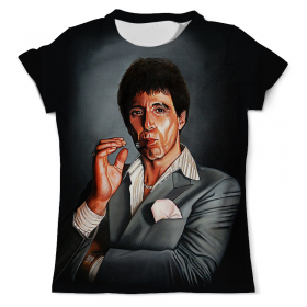 full_print_tee с принтом Tony Montana - Scarface в Белгороде, Футболка с нанесением полноцветного изображения по всей поверхности может быть выполнена в двух вариантах - ХЛОПОК и СИНТЕТИКА. | Хлопок - ткань из 100% хлопка высшего качества пенье.  <br>Синтетика - ткань с высоким содержанием синтетического волокна (до 80%).  Материал хорошо тянется, имеет приятную на ощупь фактуру | 