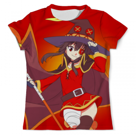 full_print_tee с принтом Мегумин. KonoSuba в Белгороде, Футболка с нанесением полноцветного изображения по всей поверхности может быть выполнена в двух вариантах - ХЛОПОК и СИНТЕТИКА. | Хлопок - ткань из 100% хлопка высшего качества пенье.  <br>Синтетика - ткань с высоким содержанием синтетического волокна (до 80%).  Материал хорошо тянется, имеет приятную на ощупь фактуру | 