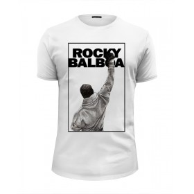 Мужская футболка Premium с принтом Rocky Balboa в Белгороде, Белый, черный, серый меланж, голубой: 100% хлопок, плотность 160 гр. Остальные цвета: 92% хлопок, 8% лайкра, плотность 170-180гр. |  | Тематика изображения на принте: 