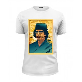 Мужская футболка Premium с принтом Муаммар Каддафи в Белгороде, Белый, черный, серый меланж, голубой: 100% хлопок, плотность 160 гр. Остальные цвета: 92% хлопок, 8% лайкра, плотность 170-180гр. |  | 