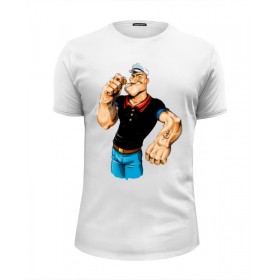 Мужская футболка Premium с принтом Попай/Popeye в Белгороде, Белый, черный, серый меланж, голубой: 100% хлопок, плотность 160 гр. Остальные цвета: 92% хлопок, 8% лайкра, плотность 170-180гр. |  | 