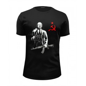 Мужская футболка Premium с принтом Ленин Калашников АК47 в Белгороде, Белый, черный, серый меланж, голубой: 100% хлопок, плотность 160 гр. Остальные цвета: 92% хлопок, 8% лайкра, плотность 170-180гр. |  | 