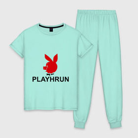 Женская пижама хлопок с принтом Playhrun в Белгороде, 100% хлопок | брюки и футболка прямого кроя, без карманов, на брюках мягкая резинка на поясе и по низу штанин | playboy | плейбой | плейхрюн | хрю