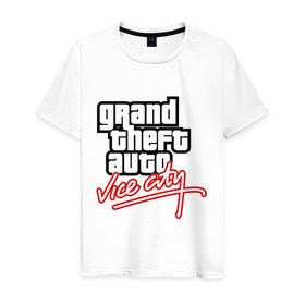 Мужская футболка хлопок с принтом GTA Vice City в Белгороде, 100% хлопок | прямой крой, круглый вырез горловины, длина до линии бедер, слегка спущенное плечо. | auto | grand | thaft | гта | игра | компьютерная
