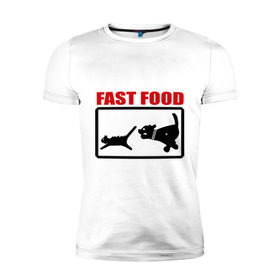 Мужская футболка премиум с принтом Fast food в Белгороде, 92% хлопок, 8% лайкра | приталенный силуэт, круглый вырез ворота, длина до линии бедра, короткий рукав | Тематика изображения на принте: fast food | fastfood | быстра еда | коты | кошка | песики | собака