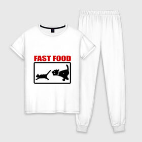 Женская пижама хлопок с принтом Fast food в Белгороде, 100% хлопок | брюки и футболка прямого кроя, без карманов, на брюках мягкая резинка на поясе и по низу штанин | fast food | fastfood | быстра еда | коты | кошка | песики | собака