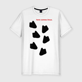 Мужская футболка премиум с принтом Here Comes Linux в Белгороде, 92% хлопок, 8% лайкра | приталенный силуэт, круглый вырез ворота, длина до линии бедра, короткий рукав | пингвин
