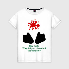 Женская футболка хлопок с принтом Hey Tux! в Белгороде, 100% хлопок | прямой крой, круглый вырез горловины, длина до линии бедер, слегка спущенное плечо | пингвин