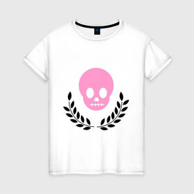 Женская футболка хлопок с принтом Память о умершем эмо в Белгороде, 100% хлопок | прямой крой, круглый вырез горловины, длина до линии бедер, слегка спущенное плечо | emo | лавры | розовый череп | субкультуры | череп | эмо | эмо череп