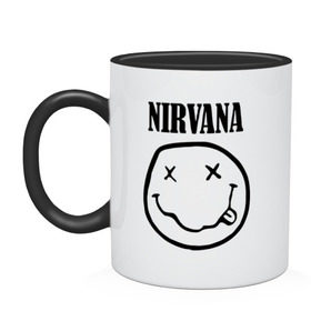 Кружка двухцветная с принтом Nirvana в Белгороде, керамика | объем — 330 мл, диаметр — 80 мм. Цветная ручка и кайма сверху, в некоторых цветах — вся внутренняя часть | cobain | media | nirvana | rock | smells like teen spirit | toplanding | кобейн | нирвана | рок