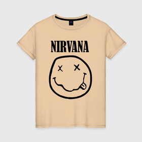 Женская футболка хлопок с принтом Nirvana в Белгороде, 100% хлопок | прямой крой, круглый вырез горловины, длина до линии бедер, слегка спущенное плечо | Тематика изображения на принте: cobain | media | nirvana | rock | smells like teen spirit | toplanding | кобейн | нирвана | рок