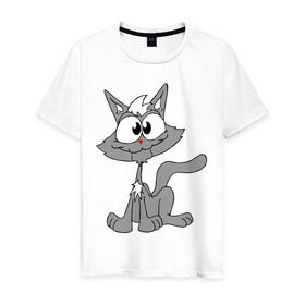 Мужская футболка хлопок с принтом Серый кот в Белгороде, 100% хлопок | прямой крой, круглый вырез горловины, длина до линии бедер, слегка спущенное плечо. | Тематика изображения на принте: домашние животные | кот | кошка | кошки | серый кот