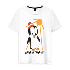 Мужская футболка хлопок с принтом Chilly в Белгороде, 100% хлопок | прямой крой, круглый вырез горловины, длина до линии бедер, слегка спущенное плечо. | Тематика изображения на принте: пингвин