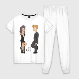 Женская пижама хлопок с принтом Mr. & Mrs. Fry в Белгороде, 100% хлопок | брюки и футболка прямого кроя, без карманов, на брюках мягкая резинка на поясе и по низу штанин | bender | futurama | бендер | футурама