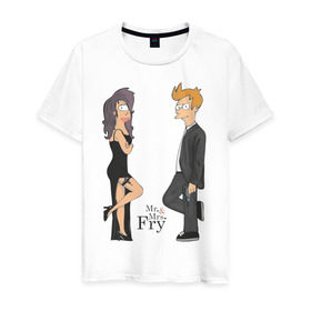 Мужская футболка хлопок с принтом Mr. & Mrs. Fry в Белгороде, 100% хлопок | прямой крой, круглый вырез горловины, длина до линии бедер, слегка спущенное плечо. | bender | futurama | бендер | футурама