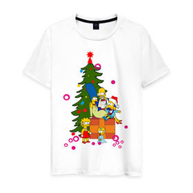 Мужская футболка хлопок с принтом Новый год у симпсонов в Белгороде, 100% хлопок | прямой крой, круглый вырез горловины, длина до линии бедер, слегка спущенное плечо. | 2012 | 2012 год | simpsons | год дракона | елка | елочка | новогодний | новый 2012 | новый год | подарки | симпсоны | симсоны