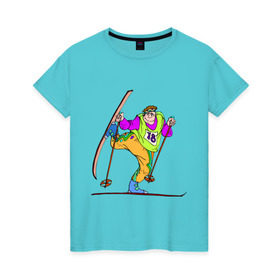 Женская футболка хлопок с принтом Лыжник (2) в Белгороде, 100% хлопок | прямой крой, круглый вырез горловины, длина до линии бедер, слегка спущенное плечо | беговые лыжи | гора | горные лыжи | для зимы | зимний спорт | лыжи | лыжник | трасса