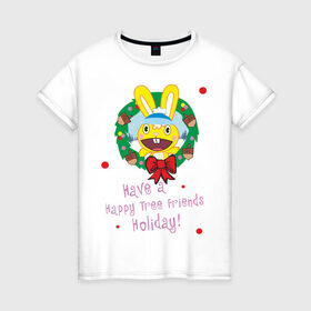 Женская футболка хлопок с принтом Happy tree friend (7) в Белгороде, 100% хлопок | прямой крой, круглый вырез горловины, длина до линии бедер, слегка спущенное плечо | 2012 год | happy tree friends | holiday | new year | венок | нг | новогодний | новый 2012 | новый год | праздник | праздничный | рождественский | рождество