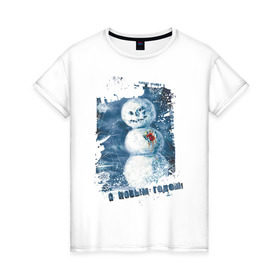 Женская футболка хлопок с принтом Снеговик с Новым годом в Белгороде, 100% хлопок | прямой крой, круглый вырез горловины, длина до линии бедер, слегка спущенное плечо | Тематика изображения на принте: 