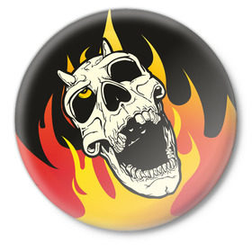 Значок с принтом Череп в пламени в Белгороде,  металл | круглая форма, металлическая застежка в виде булавки | skull | демон | огонь