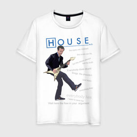Мужская футболка хлопок с принтом Доктор Хаус с гитарой в Белгороде, 100% хлопок | прямой крой, круглый вырез горловины, длина до линии бедер, слегка спущенное плечо. | everybody lies | haus | house | все лгут | доктор | хауз | хаус | хью лори