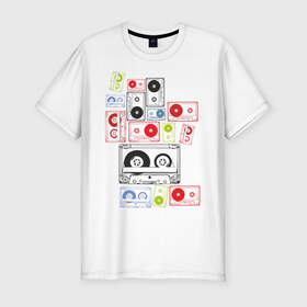 Мужская футболка премиум с принтом Кассеты в Белгороде, 92% хлопок, 8% лайкра | приталенный силуэт, круглый вырез ворота, длина до линии бедра, короткий рукав | аудиокассеты | кассеты | музыка | прикольные