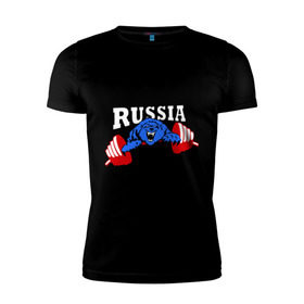 Мужская футболка премиум с принтом RUSSIA PR в Белгороде, 92% хлопок, 8% лайкра | приталенный силуэт, круглый вырез ворота, длина до линии бедра, короткий рукав | powerlifting