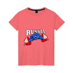 Женская футболка хлопок с принтом RUSSIA PR в Белгороде, 100% хлопок | прямой крой, круглый вырез горловины, длина до линии бедер, слегка спущенное плечо | powerlifting