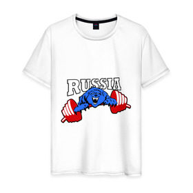 Мужская футболка хлопок с принтом RUSSIA PR в Белгороде, 100% хлопок | прямой крой, круглый вырез горловины, длина до линии бедер, слегка спущенное плечо. | Тематика изображения на принте: powerlifting