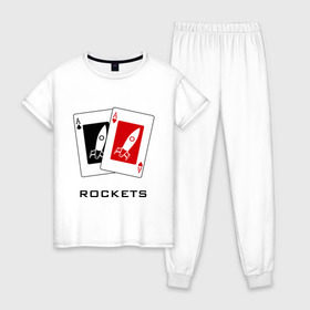 Женская пижама хлопок с принтом AA Rockets в Белгороде, 100% хлопок | брюки и футболка прямого кроя, без карманов, на брюках мягкая резинка на поясе и по низу штанин | Тематика изображения на принте: ace | poker | rocket | rockets | карты | покер | ракеты | туз | тузы