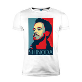 Мужская футболка премиум с принтом Mike Shinoda в Белгороде, 92% хлопок, 8% лайкра | приталенный силуэт, круглый вырез ворота, длина до линии бедра, короткий рукав | Тематика изображения на принте: linkin park | mike shinoda | rock | shinoda | линкин парк | рок