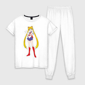 Женская пижама хлопок с принтом Sailor Moon в Белгороде, 100% хлопок | брюки и футболка прямого кроя, без карманов, на брюках мягкая резинка на поясе и по низу штанин | аниме