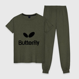 Женская пижама хлопок с принтом Butterfly в Белгороде, 100% хлопок | брюки и футболка прямого кроя, без карманов, на брюках мягкая резинка на поясе и по низу штанин | Тематика изображения на принте: buterfly | батерфляй | настольный теннис | ракетка | теннис | теннисный корт
