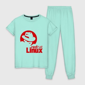 Женская пижама хлопок с принтом Linux - Redhart в Белгороде, 100% хлопок | брюки и футболка прямого кроя, без карманов, на брюках мягкая резинка на поясе и по низу штанин | linux | redhart | админу | дистрибутив | красная шляпа | линукс