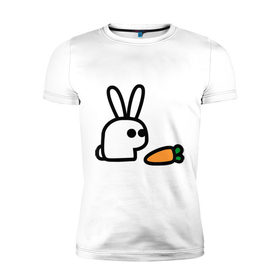 Мужская футболка премиум с принтом Заяц и моркоФка в Белгороде, 92% хлопок, 8% лайкра | приталенный силуэт, круглый вырез ворота, длина до линии бедра, короткий рукав | животные | зайка | зайчишка | зайчонок | заяц | кролик | морковка