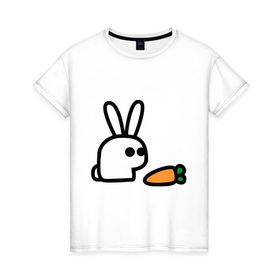 Женская футболка хлопок с принтом Заяц и моркоФка в Белгороде, 100% хлопок | прямой крой, круглый вырез горловины, длина до линии бедер, слегка спущенное плечо | Тематика изображения на принте: животные | зайка | зайчишка | зайчонок | заяц | кролик | морковка