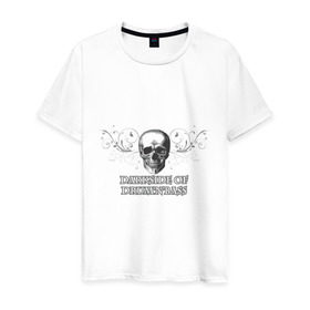 Мужская футболка хлопок с принтом DarkSide в Белгороде, 100% хлопок | прямой крой, круглый вырез горловины, длина до линии бедер, слегка спущенное плечо. | Тематика изображения на принте: dark side | dnb | даксайд | драм н бас | темная сторона | череп