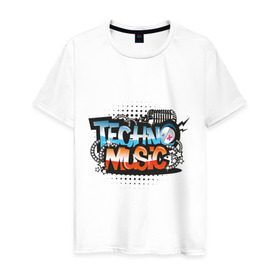 Мужская футболка хлопок с принтом techno music в Белгороде, 100% хлопок | прямой крой, круглый вырез горловины, длина до линии бедер, слегка спущенное плечо. | music | techno | музыка | надпись | техно