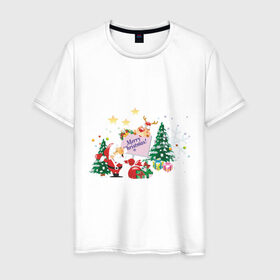 Мужская футболка хлопок с принтом Merry Christmas в Белгороде, 100% хлопок | прямой крой, круглый вырез горловины, длина до линии бедер, слегка спущенное плечо. | 2012 | new year | дед мороз | елка | елочка | нг | новогодний | новый 2012 | новый год | олень | подарки | санта | санта клаус | снеговик
