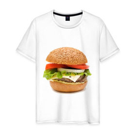 Мужская футболка хлопок с принтом Гамбургер в Белгороде, 100% хлопок | прямой крой, круглый вырез горловины, длина до линии бедер, слегка спущенное плечо. | burger | fastfood | gamburger | бургер | гамбургер | еда | пища | фаст фуд | фастфуд
