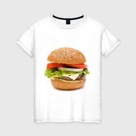 Женская футболка хлопок с принтом Гамбургер в Белгороде, 100% хлопок | прямой крой, круглый вырез горловины, длина до линии бедер, слегка спущенное плечо | burger | fastfood | gamburger | бургер | гамбургер | еда | пища | фаст фуд | фастфуд