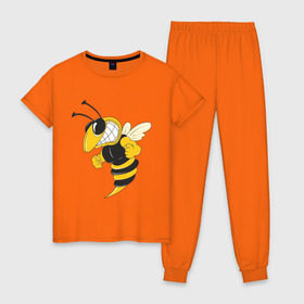 Женская пижама хлопок с принтом Пчела в Белгороде, 100% хлопок | брюки и футболка прямого кроя, без карманов, на брюках мягкая резинка на поясе и по низу штанин | пчела