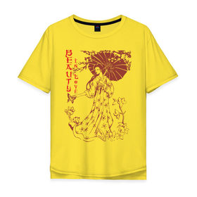 Мужская футболка хлопок Oversize с принтом Beauty In Love в Белгороде, 100% хлопок | свободный крой, круглый ворот, “спинка” длиннее передней части | Тематика изображения на принте: девушка | зонтик | красивая | красота | любовь | сакура | японка | японская