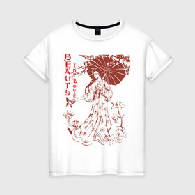 Женская футболка хлопок с принтом Beauty In Love в Белгороде, 100% хлопок | прямой крой, круглый вырез горловины, длина до линии бедер, слегка спущенное плечо | Тематика изображения на принте: девушка | зонтик | красивая | красота | любовь | сакура | японка | японская