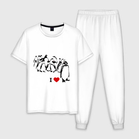 Мужская пижама хлопок с принтом Я люблю пингвинов в Белгороде, 100% хлопок | брюки и футболка прямого кроя, без карманов, на брюках мягкая резинка на поясе и по низу штанин
 | i love | penguin | птицы | сердце