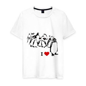 Мужская футболка хлопок с принтом Я люблю пингвинов в Белгороде, 100% хлопок | прямой крой, круглый вырез горловины, длина до линии бедер, слегка спущенное плечо. | i love | penguin | птицы | сердце