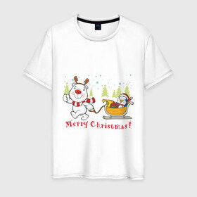 Мужская футболка хлопок с принтом Boowoo (2) в Белгороде, 100% хлопок | прямой крой, круглый вырез горловины, длина до линии бедер, слегка спущенное плечо. | christmas | елка | нг | новогодний | новый год | олененок | олень | подарки | рождество | рожднственский