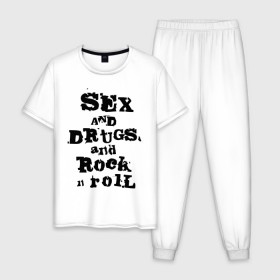 Мужская пижама хлопок с принтом Sex and drugs and rock n roll (2) в Белгороде, 100% хлопок | брюки и футболка прямого кроя, без карманов, на брюках мягкая резинка на поясе и по низу штанин
 | drugs | rock | rocknroll | рок | рок н ролл | рокролл