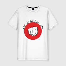Мужская футболка премиум с принтом Страна восходящего солнца в Белгороде, 92% хлопок, 8% лайкра | приталенный силуэт, круглый вырез ворота, длина до линии бедра, короткий рукав | land of the rising sun | кулак | страна восходящего солнца | флаг японии | япония